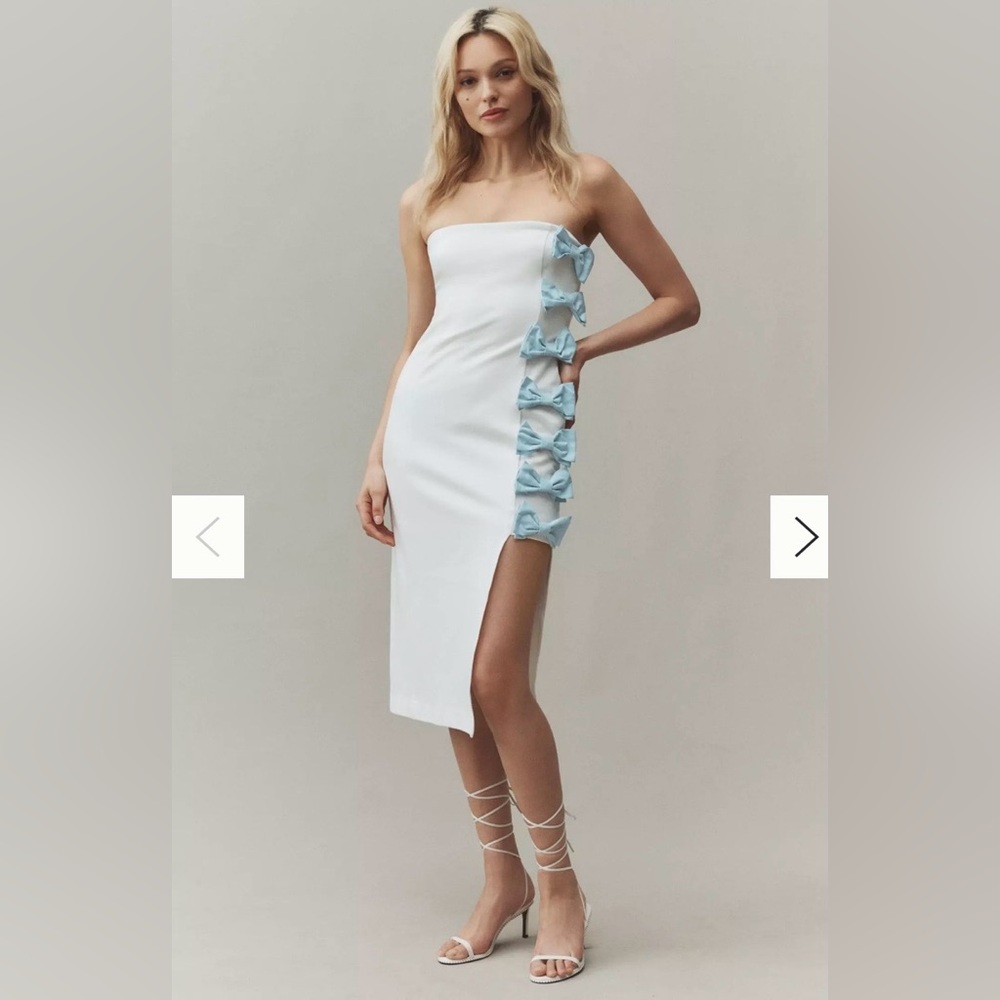 BHLDN Anthropology Strapless White Wedding Dress with Blue Bows L NWT
